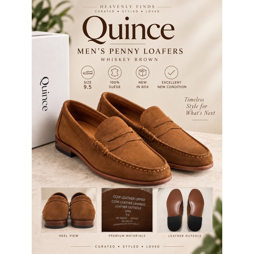 Quince Penny Loafers Men's 9.5 Whiskey Brown Suede Leather Dress Shoes Elegant
